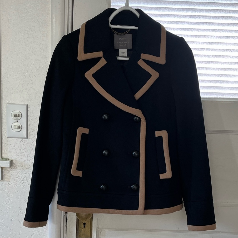 J Crew Navy Pea Coat with Tan Trim